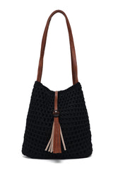 ORIANA TEXTURED WEAVE TASSEL BAG-BLACK