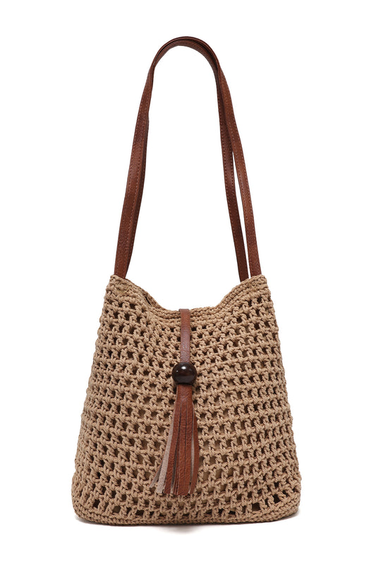 ORIANA TEXTURED WEAVE TASSEL BAG-KHAKI