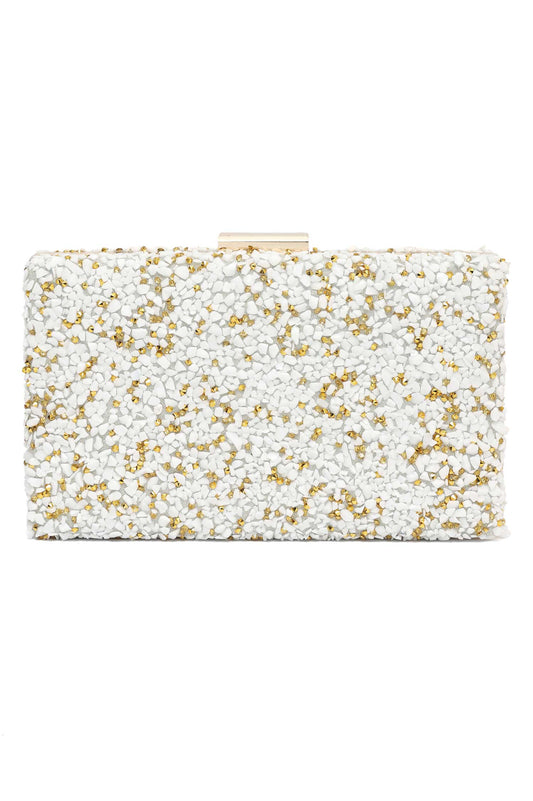 PEBBELED GLAM BOX CLUTCH-WHITE-GOLD