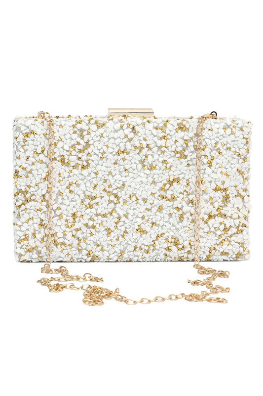 PEBBELED GLAM BOX CLUTCH-WHITE-GOLD