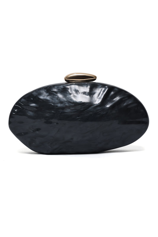 OVAL SHEEL EMBOSSED CLUTCH-BLACK