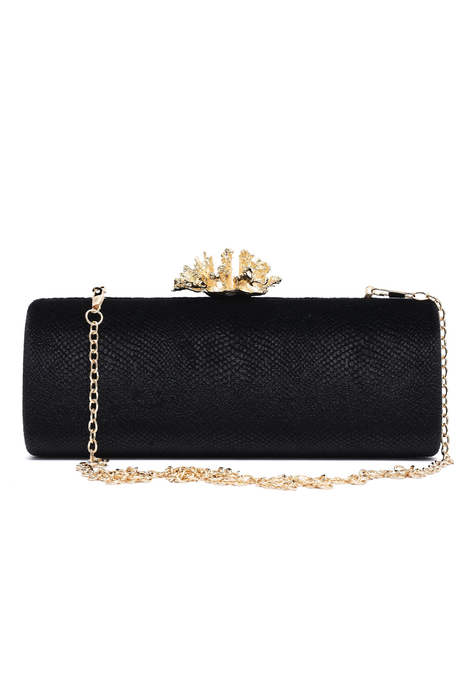 CORAL BLOOM VELVET BARREL CLUTCH-BLACK