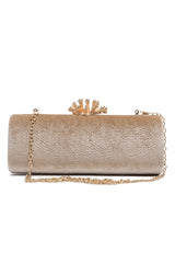 CORAL BLOOM VELVET BARREL CLUTCH-CHAMPAGNE