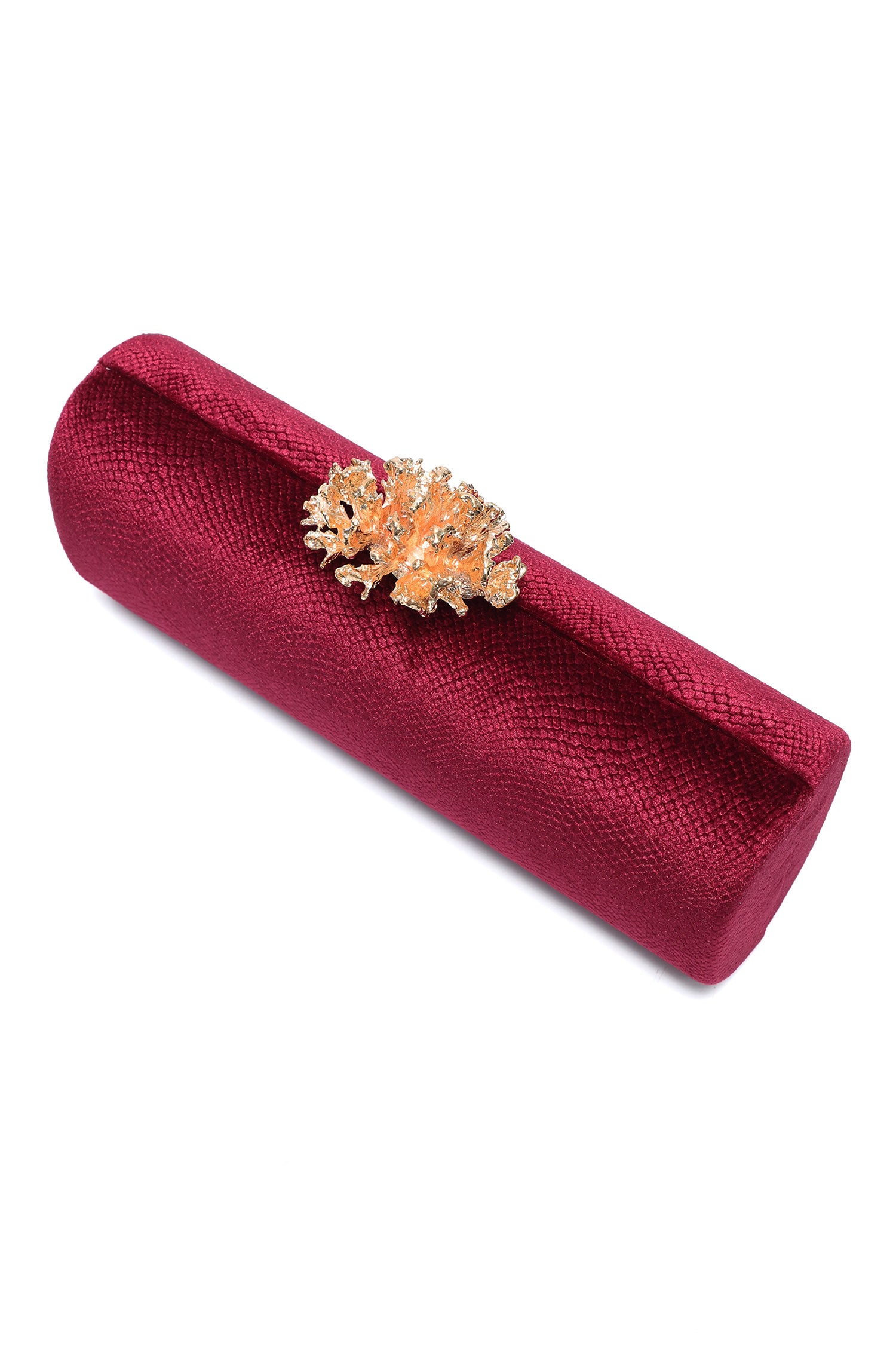 CORAL BLOOM VELVET BARREL CLUTCH-WINE
