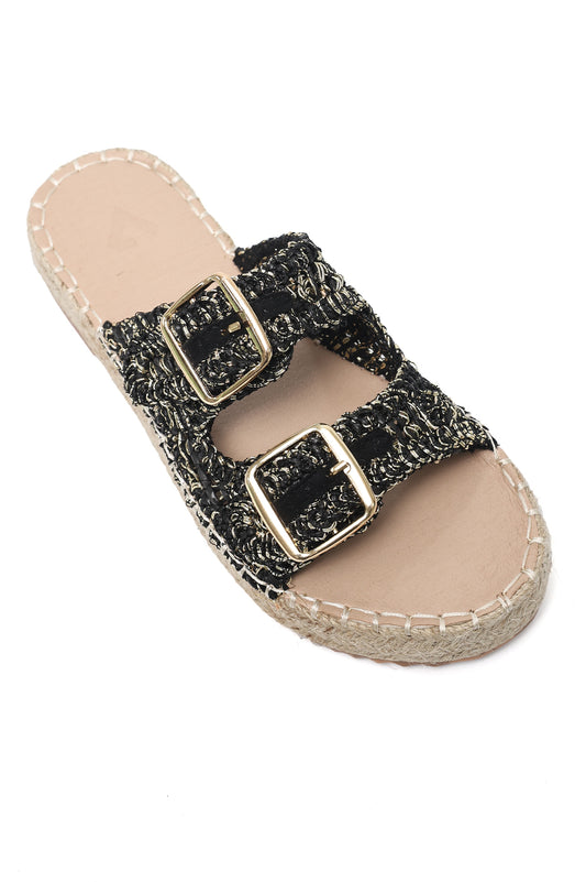 BUCKLE WOVEN COMFY SLIDE-BLACK