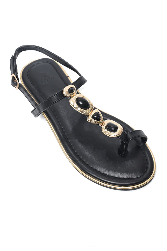 ORNATE STONE STRAP SANDAL-BLACK