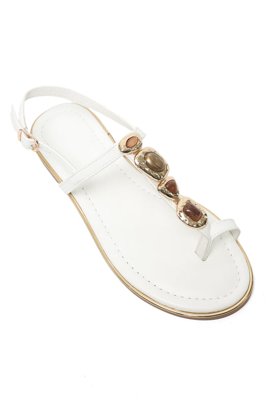 ORNATE STONE STRAP SANDAL-WHITE