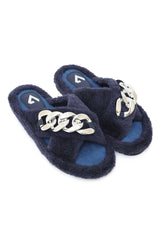 COZY CHAIN FUR SLIDE-NAVY
