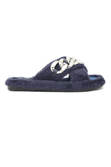 COZY CHAIN FUR SLIDE-NAVY