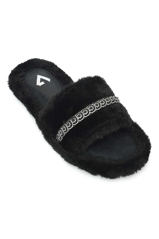 ELEGANT FURRY SLIDE-BLACK