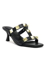 STUDDED STRAPPY KITTEN-SLINGBACK HEEL-BLACK