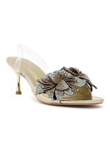 NOIR BLOSSOM SLING HEEL-GOLD