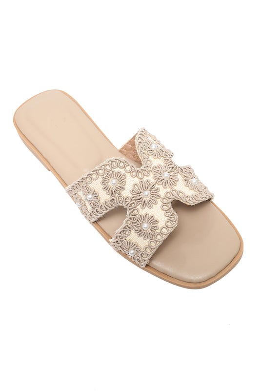 HANDCRAFTED FLORAL SLIDE-KHAKI