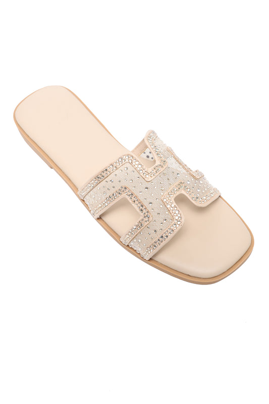 EMBELLISHED ORNATE CUT SLIDE-BEIGE