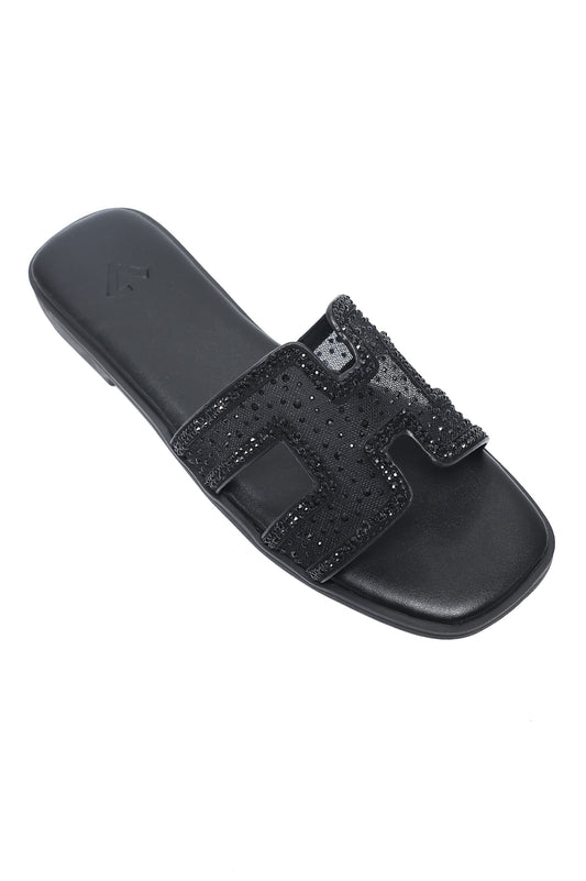 EMBELLISHED ORNATE CUT SLIDE-BLACK