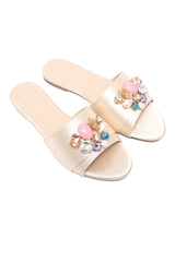 MULTI STONE EMBELLISHED SLIDE-BEIGE