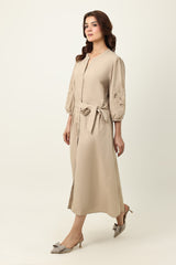 BELTED MIDI DRESS-BEIGE