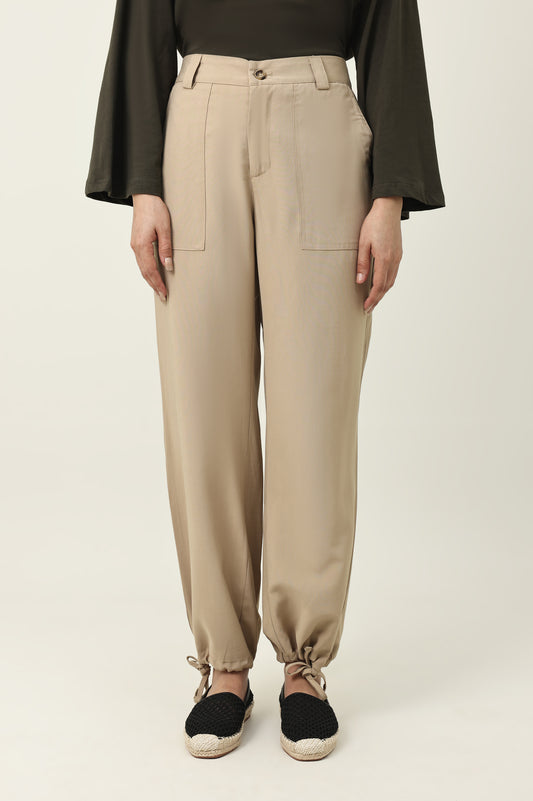 EASY FIT TIE HEM BOTTOM-BEIGE