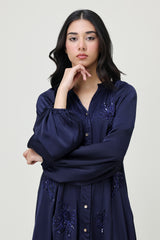 ELEGANT BLOOM EMBELLISHED DRESS-NAVY