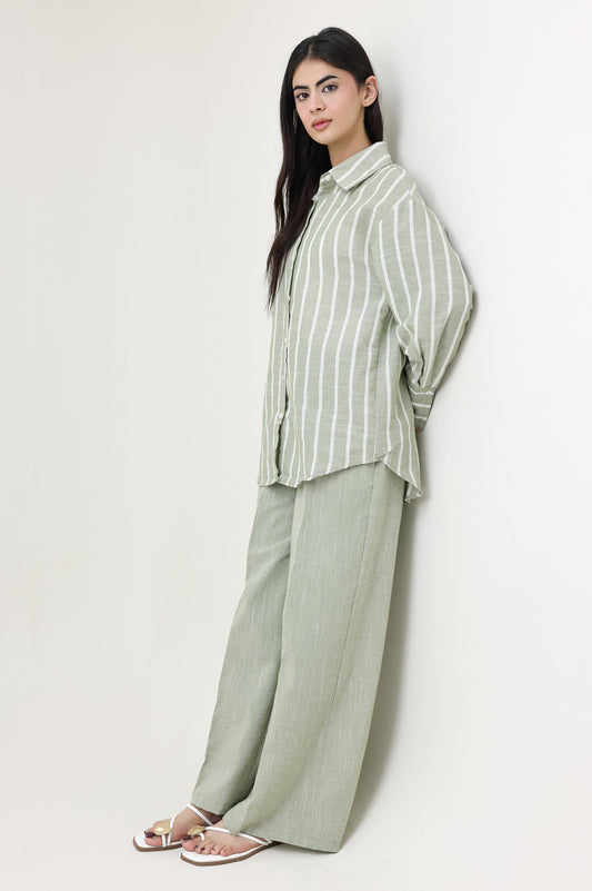 COASTLINE STRIPED LINEN CO-ORD SET-OLIVE
