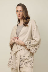 ELEGANCE LASER CUT BELTED SHIRT-BEIGE