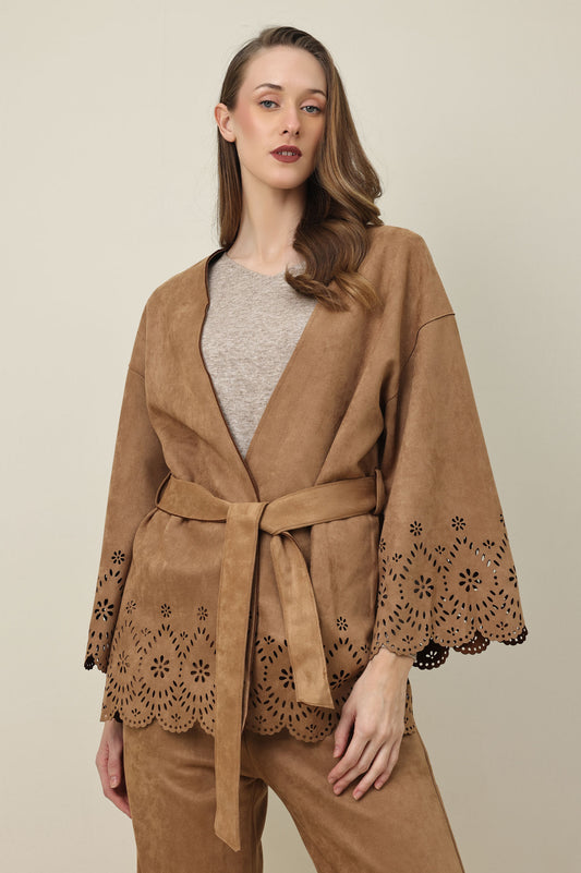 ELEGANCE LASER CUT BELTED SHIRT-BROWN