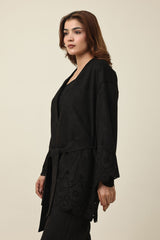 ELEGANCE LASER CUT BELTED SHIRT-BLACK