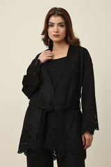 ELEGANCE LASER CUT BELTED SHIRT-BLACK