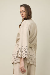 ELEGANCE LASER CUT BELTED SHIRT-BEIGE