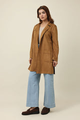 SUEDE LONGLINE COAT-BROWN