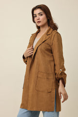 SUEDE LONGLINE COAT-BROWN