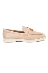 SUEDE LOAFERS WITH GOLDEN CHARM-BEIGE