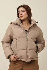 HIGH-NECK QUILTED PUFFER-KHAKI