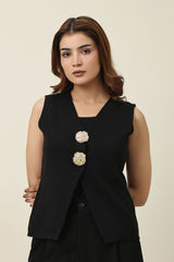 GOLD ACCENT KNIT VEST-BLACK