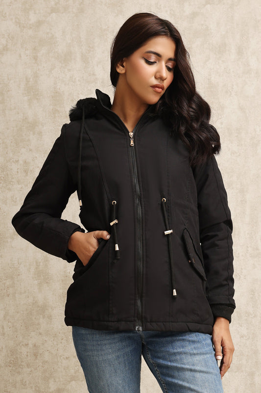 HOODED DRAWSTRING JACKET-BLACK