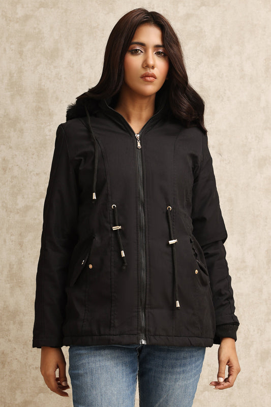 HOODED DRAWSTRING JACKET-BLACK