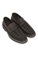 WOVEN LEATHER LOAFERS-COFFEE