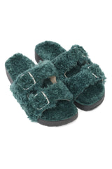 FUZZY DOUBLE-BUCKLE SANDALS-GREEN