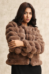 PLUSH FAUX FUR JACKET-COFFEE