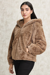 PLUSH HOODED JACKET-CAMEL
