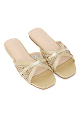 SATIN MESH CRISSCROSS SLIDE-GOLD