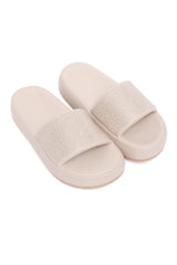 CRYSTAL EMBELLISHED SLIDE-BEIGE