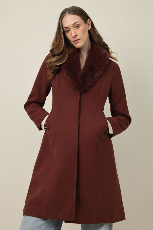 FAUX FUR COLLAR OVERCOAT-RUST