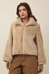 ZIPPER FUR SHORT JACKET-KHAKI