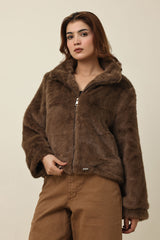 ZIPPER FUR SHORT JACKET-COFFEE