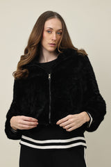 ZIPPER FUR SHORT JACKET-BLACK