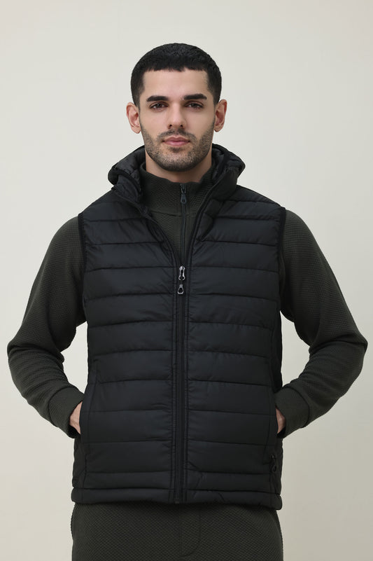 SLEEVELESS HOODED VEST-BLACK