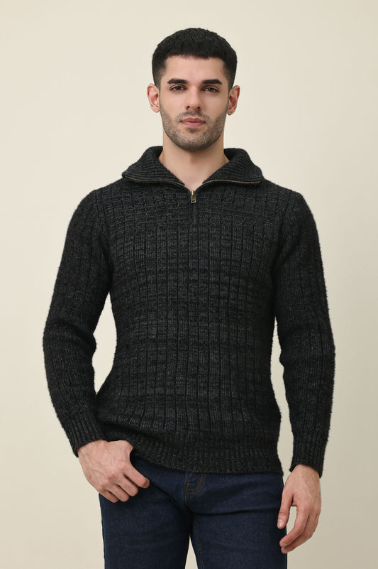 ZIP-FLANGE MOCK NECK SWEATER-BLACK