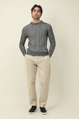 FLEECE-TRIM MOCK COLLAR SWEATER-LT/GREY