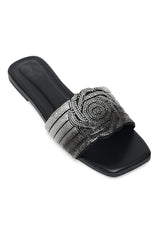 GLIMMER ROSE EMBELLISHED SLIDE-BLACK